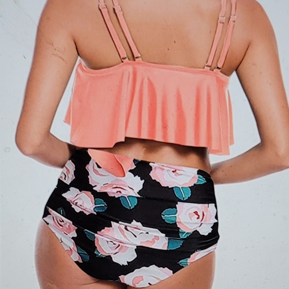 NWT ELEGANT FLOWING FLOUNCE TOP HIGH WAISTED SWIM BATHING SUIT LARGE BIKINI - Picture 7 of 12